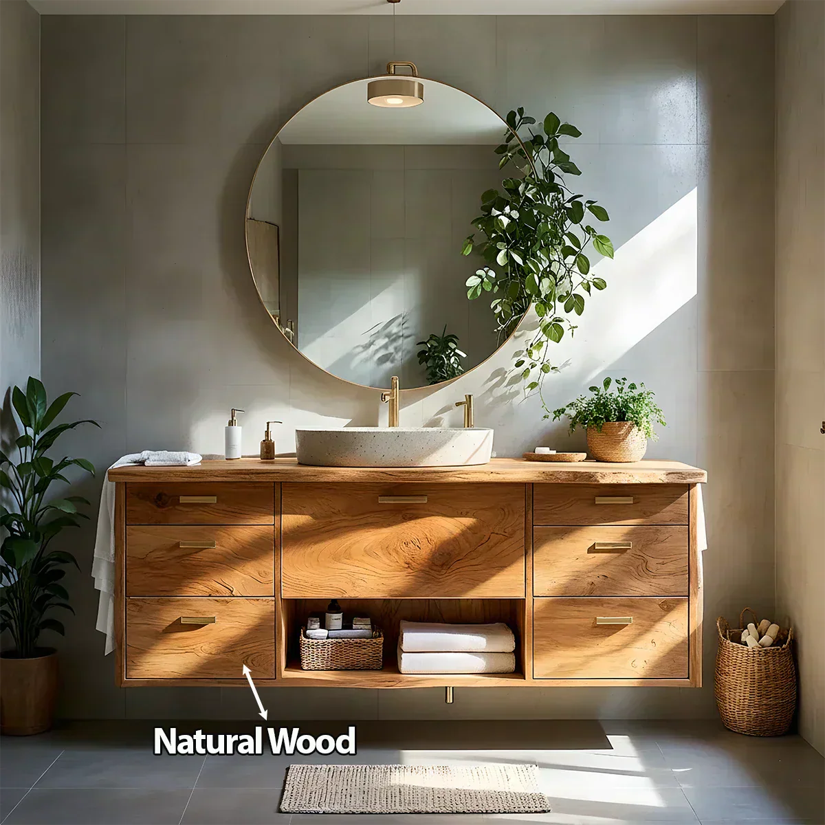 Solid Wood Double Floating Vanity with Stone Basin - Rustiracraft 