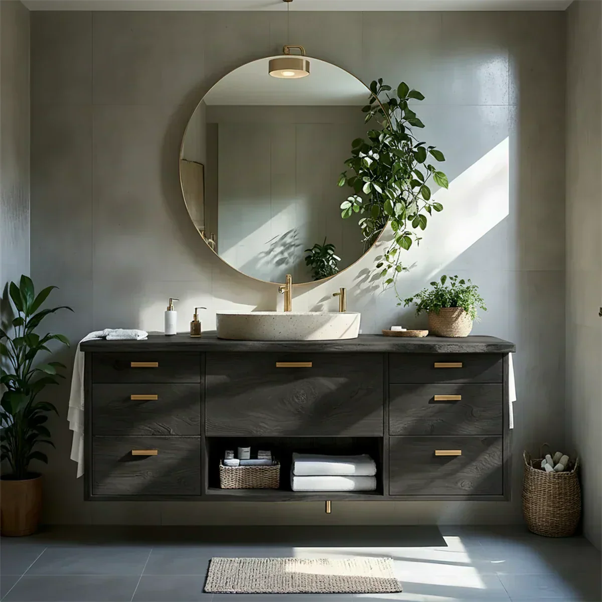Solid Wood Double Floating Vanity with Stone Basin - Rustiracraft 