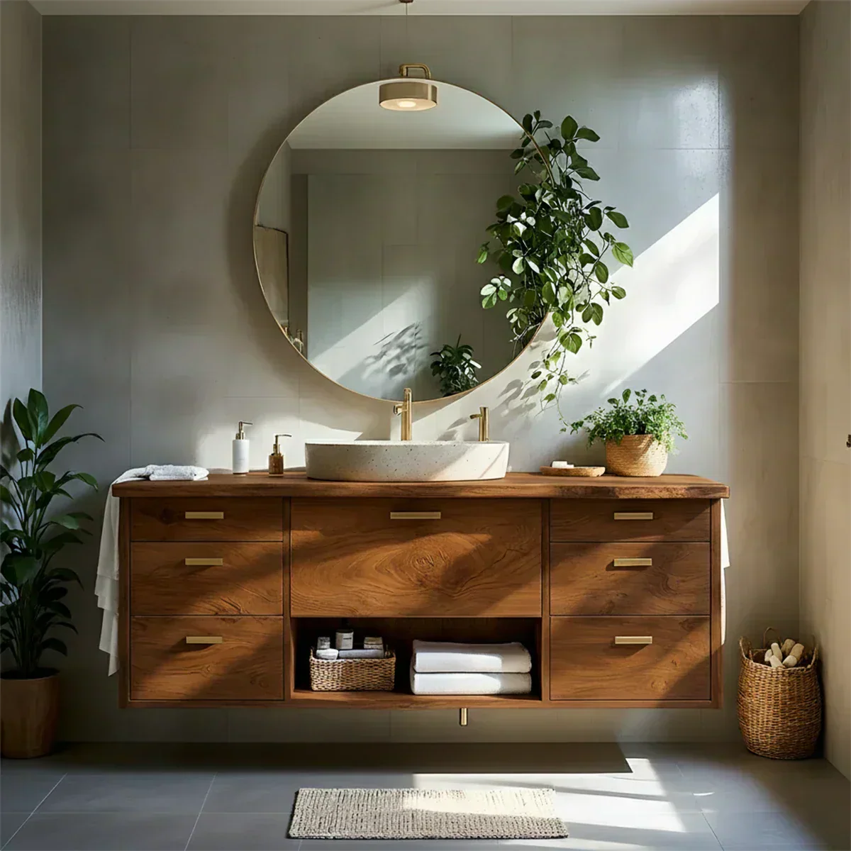 Solid Wood Double Floating Vanity with Stone Basin - Rustiracraft 