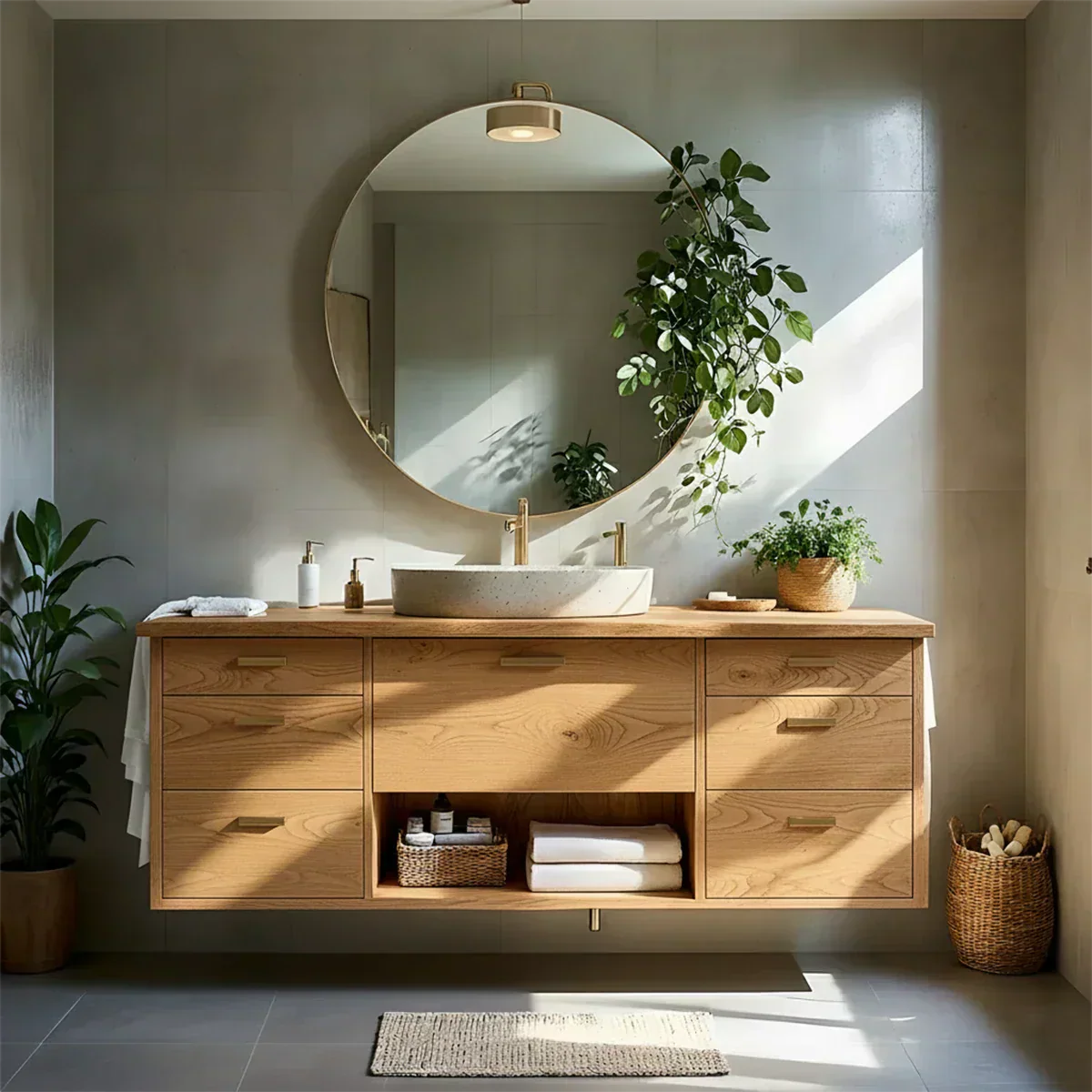 Solid Wood Double Floating Vanity with Stone Basin - Rustiracraft 