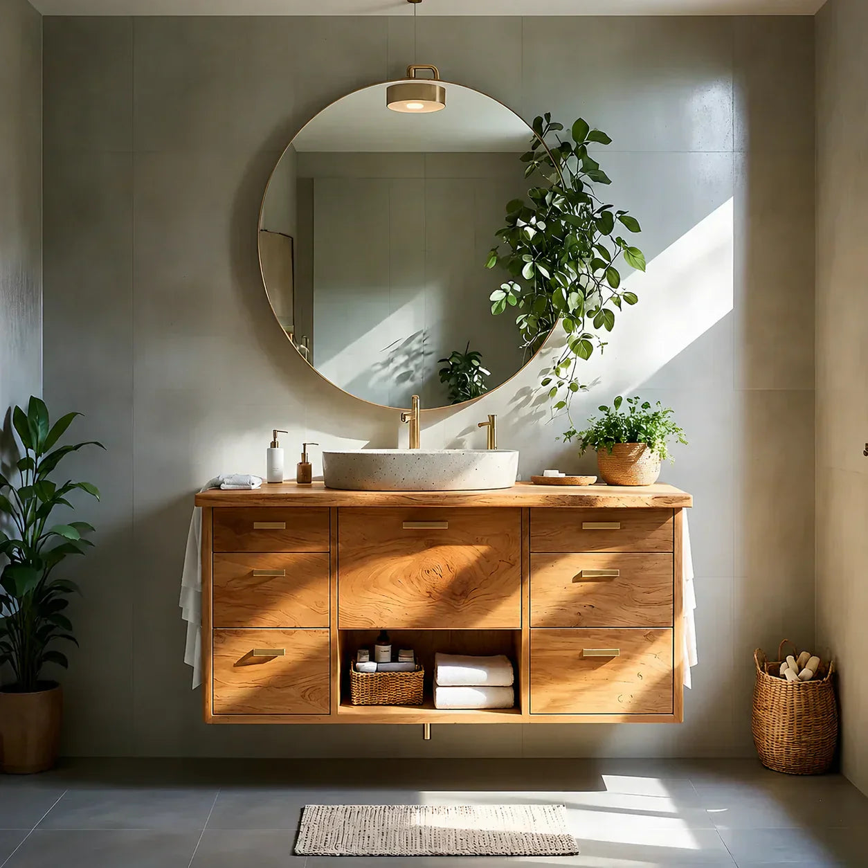 Solid Wood Double Floating Vanity with Stone Basin - Rustiracraft