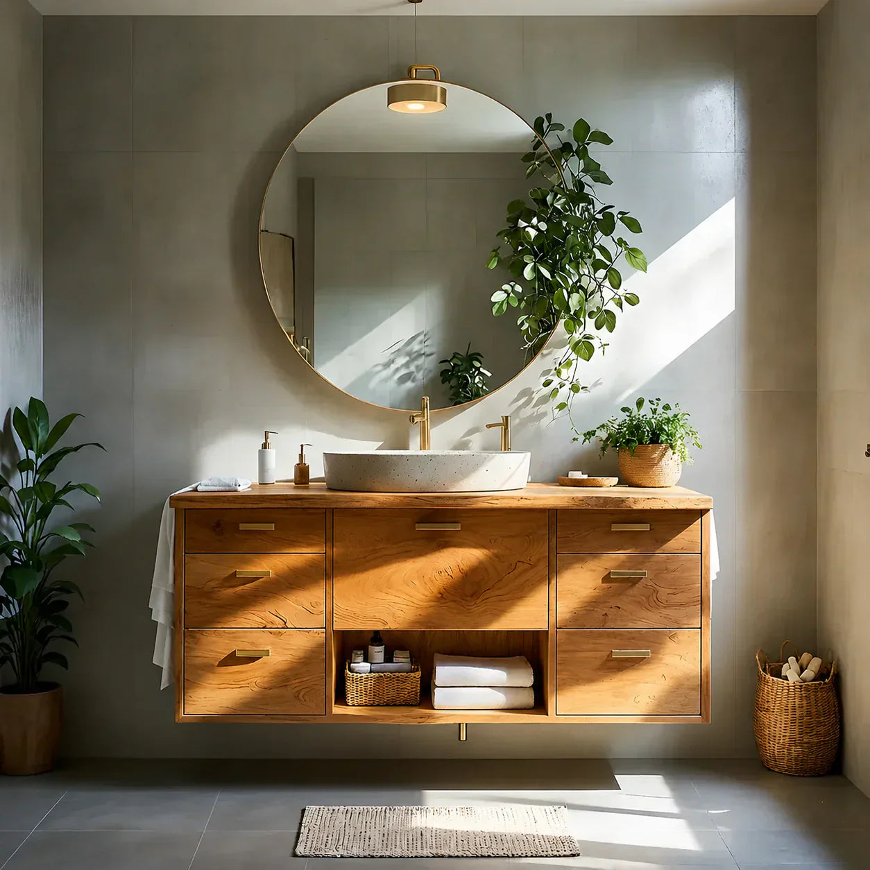 Solid Wood Double Floating Vanity with Stone Basin - Rustiracraft