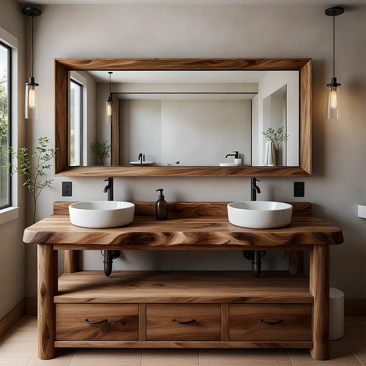 Solid Wood Double Sink Rustic Bathroom Vanity With Live Edge - Rustiracraft 