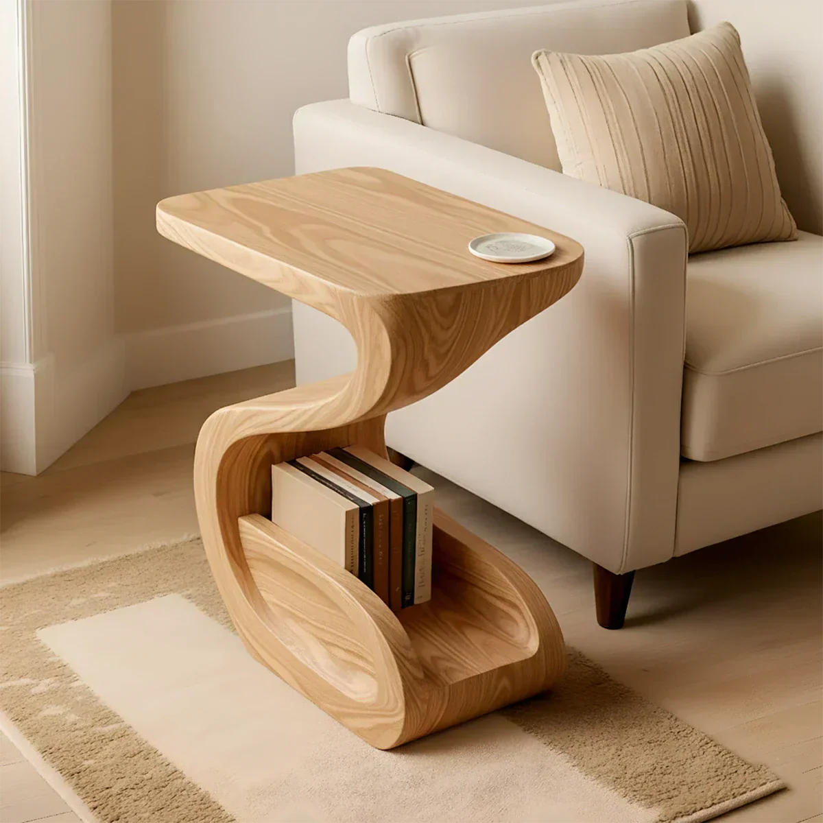 Solid Wood End Table – Modern Sculptural Flowform - Rustiracraft 