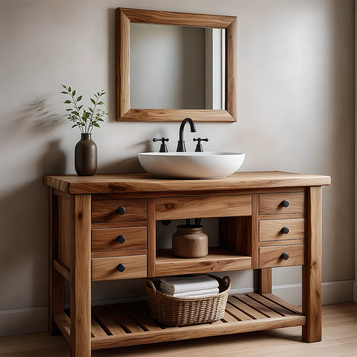 Solid Wood Farmhouse Bathroom Vanity with Drawers & Open Shelf - Rustiracraft 