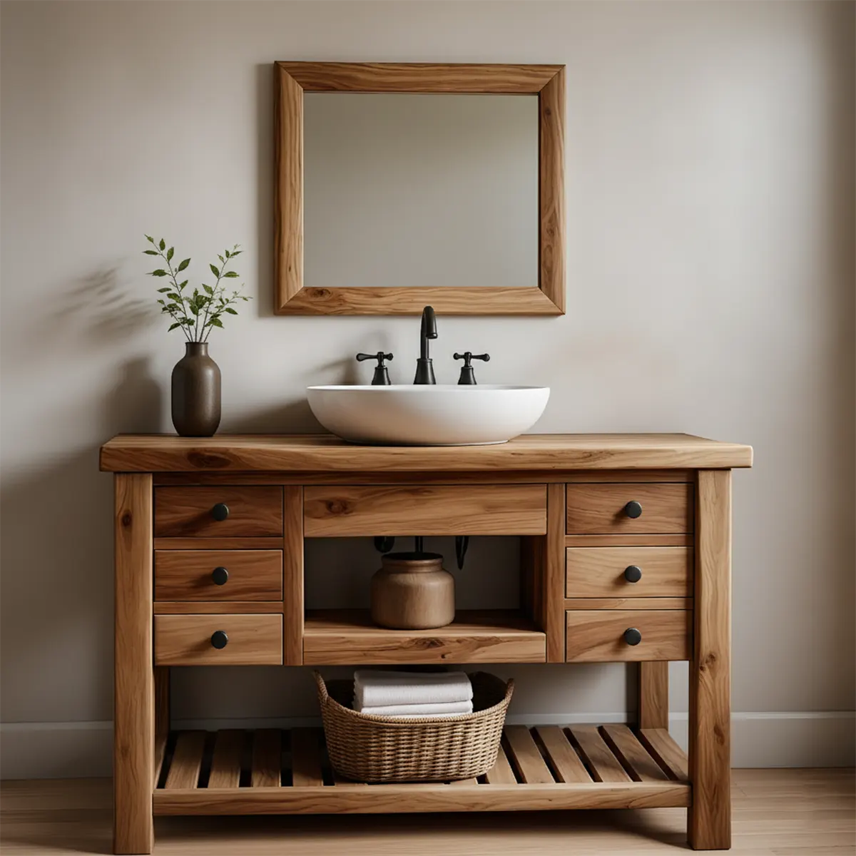 Solid Wood Farmhouse Bathroom Vanity with Drawers & Open Shelf - Rustiracraft 