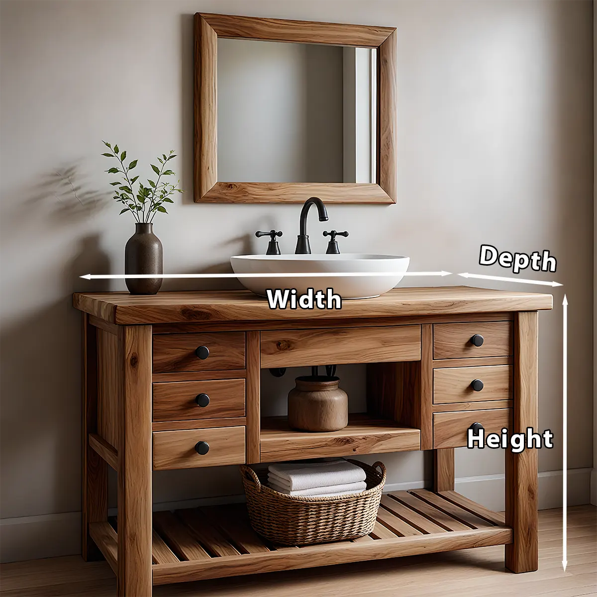 Solid Wood Farmhouse Bathroom Vanity with Drawers & Open Shelf - Rustiracraft 