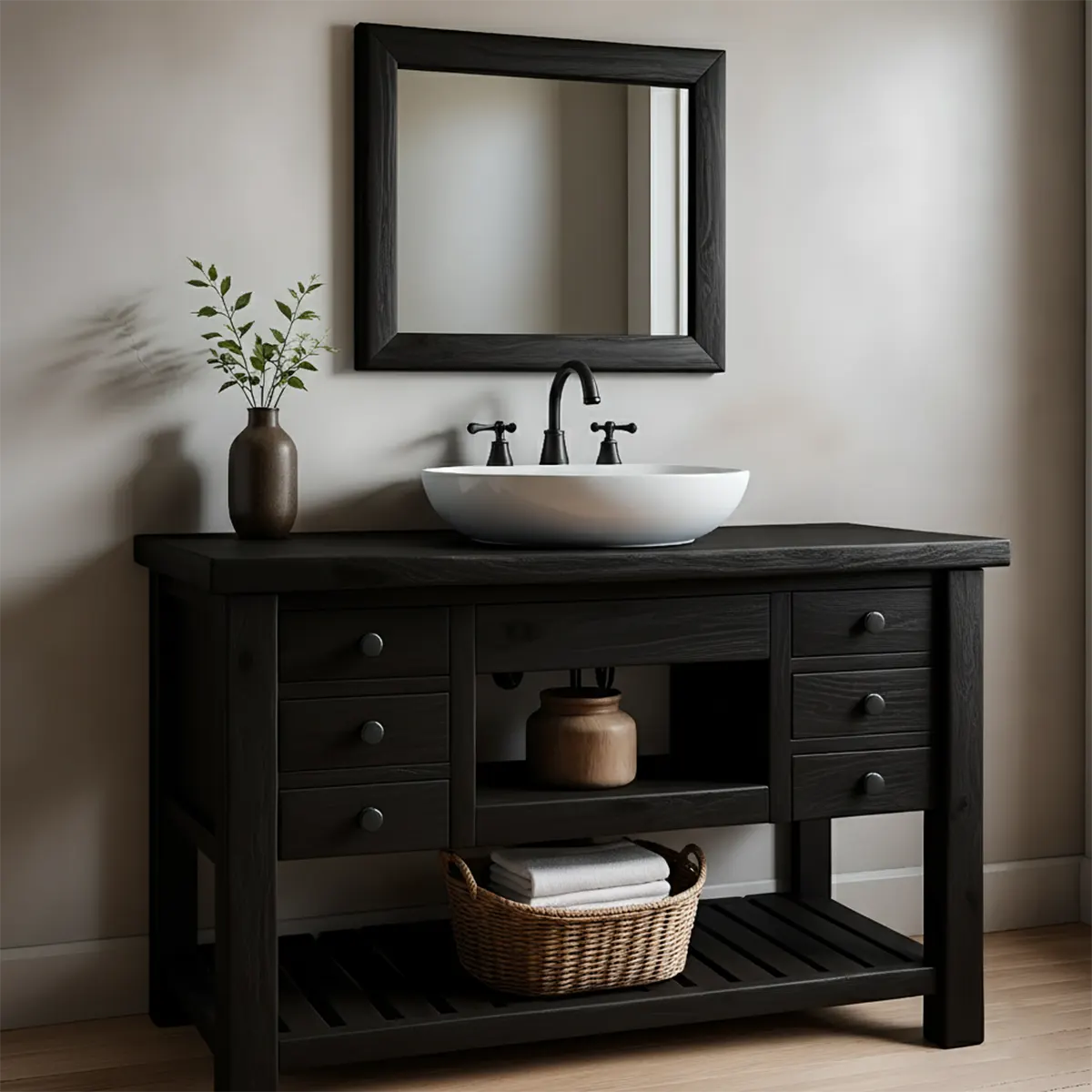 Solid Wood Farmhouse Bathroom Vanity with Drawers & Open Shelf - Rustiracraft 