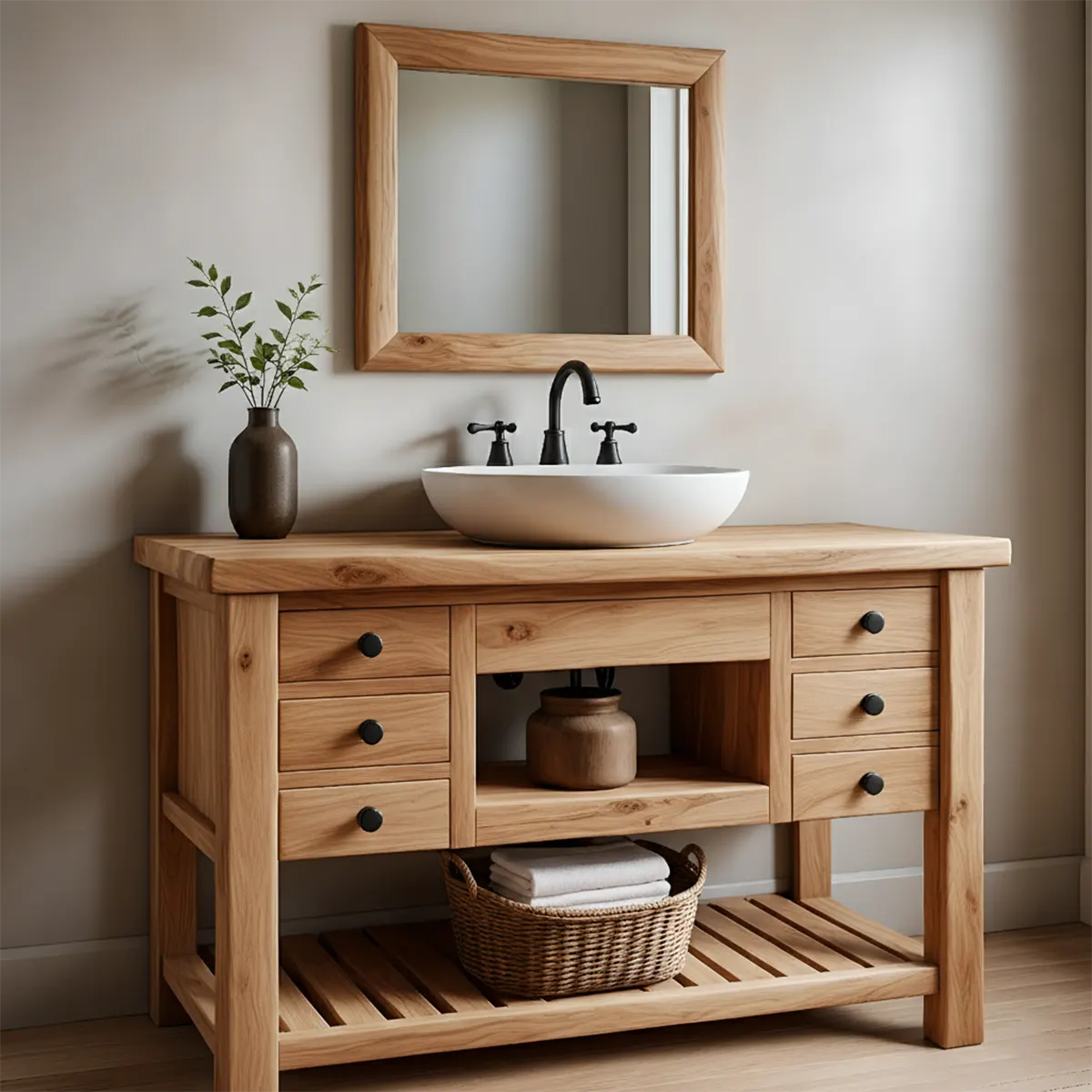 Solid Wood Farmhouse Bathroom Vanity with Drawers & Open Shelf - Rustiracraft 