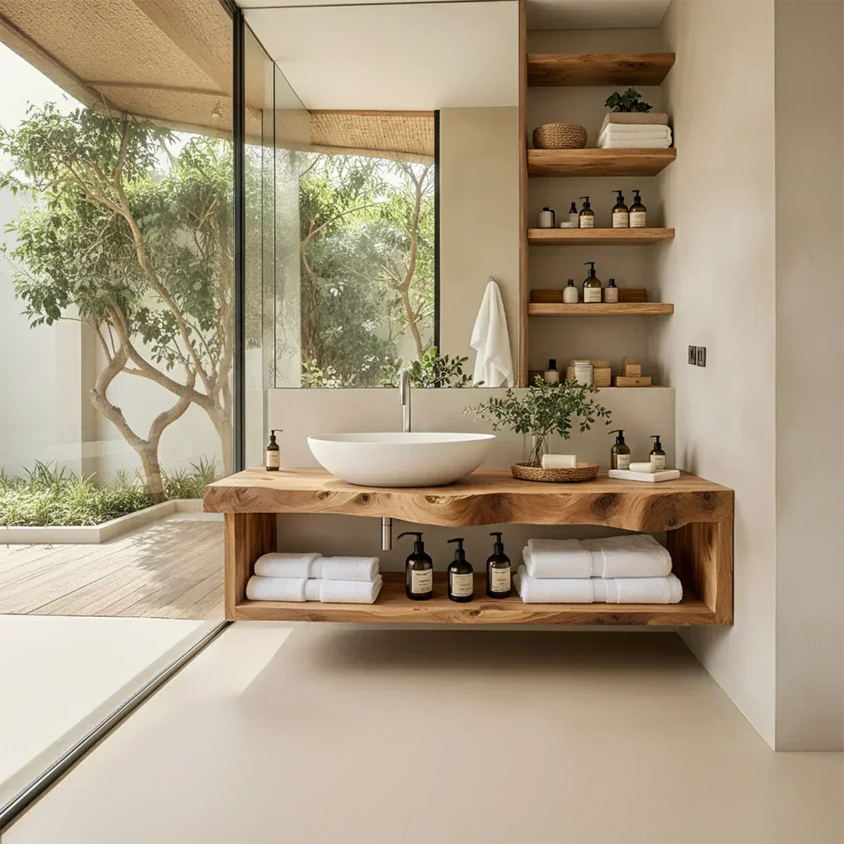Solid Wood Floating Vanity with Shelf – Japandi Natural Spa Bathroom Console - Rustiracraft 