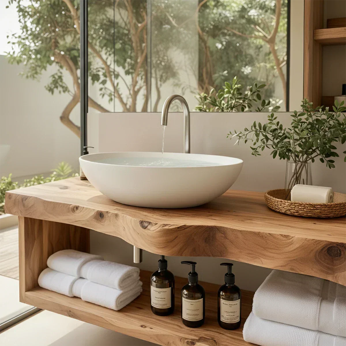 Solid Wood Floating Vanity with Shelf – Japandi Natural Spa Bathroom Console - Rustiracraft 