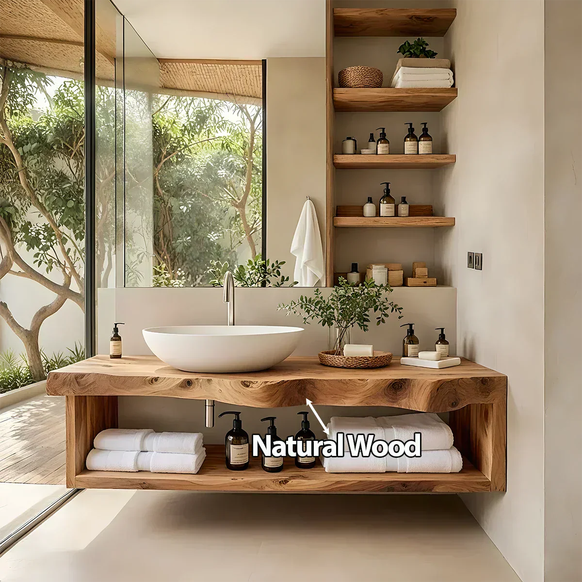 Solid Wood Floating Vanity with Shelf – Japandi Natural Spa Bathroom Console - Rustiracraft 