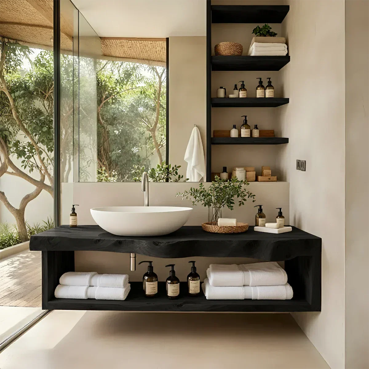 Solid Wood Floating Vanity with Shelf – Japandi Natural Spa Bathroom Console - Rustiracraft 