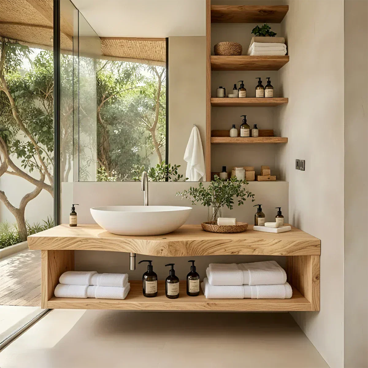 Solid Wood Floating Vanity with Shelf – Japandi Natural Spa Bathroom Console - Rustiracraft 