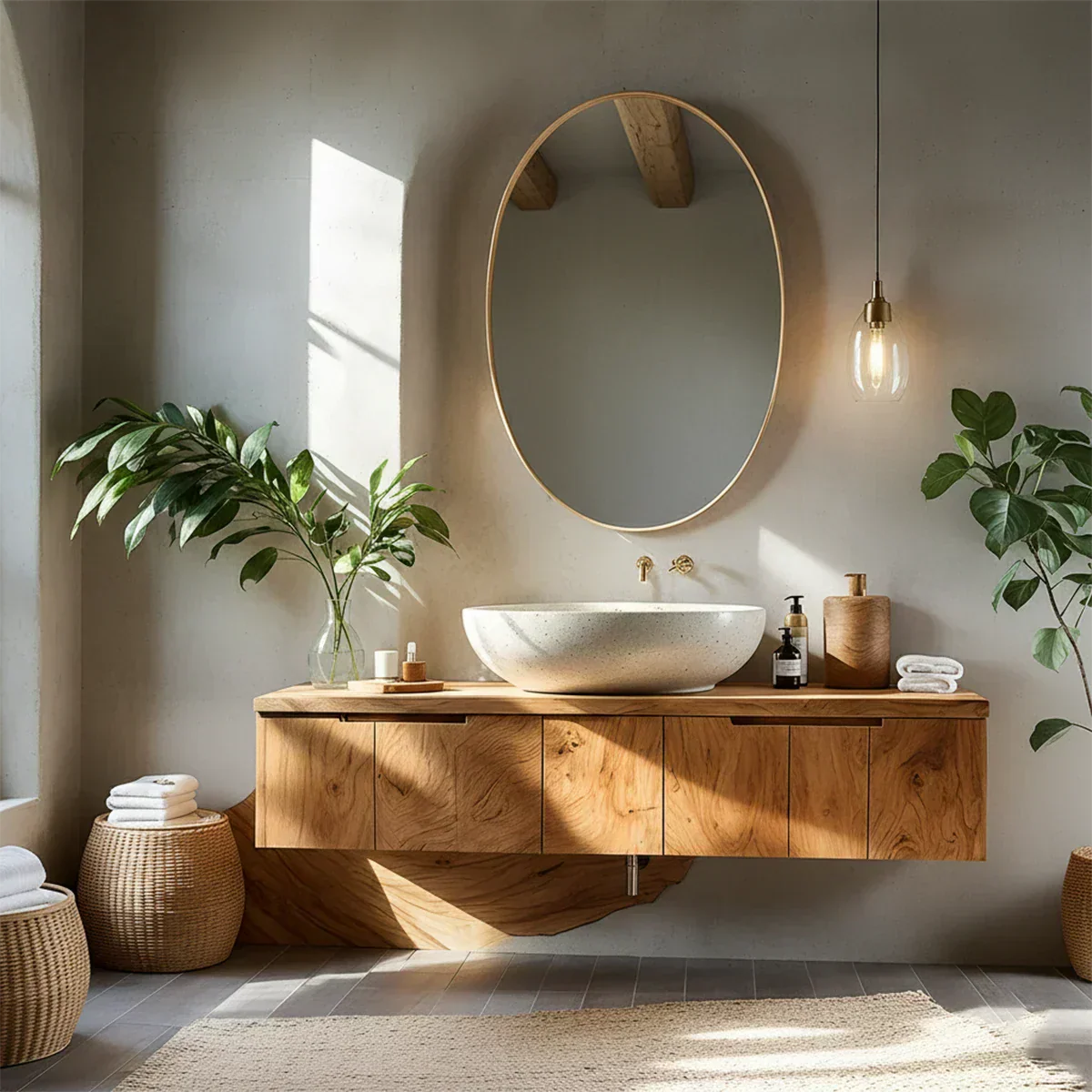 Solid Wood Floating Vanity with Stone Basin - Rustiracraft 