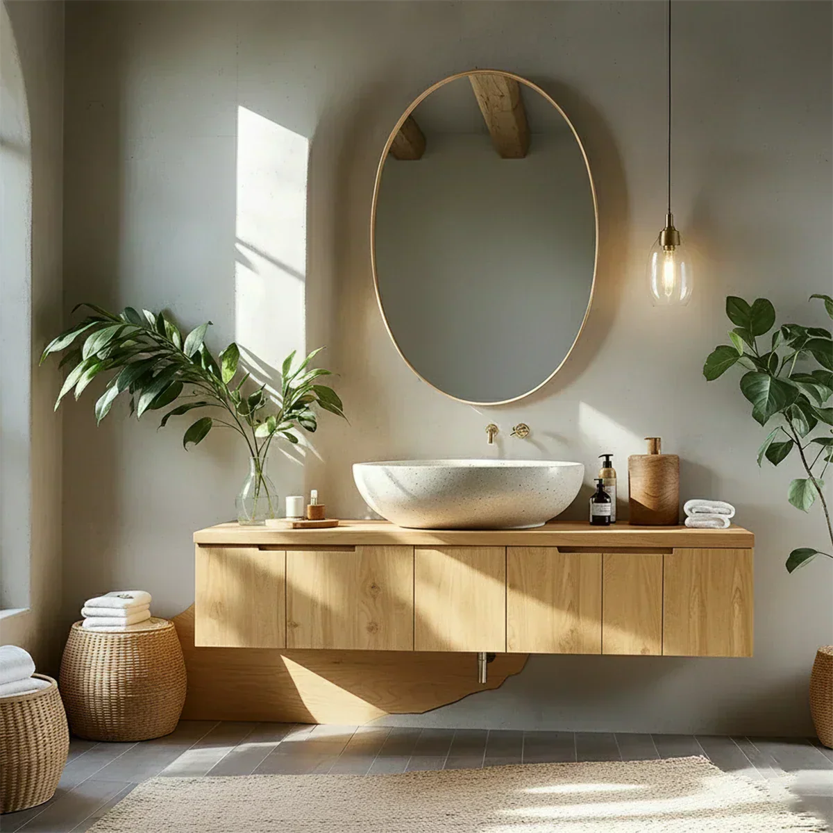 Solid Wood Floating Vanity with Stone Basin - Rustiracraft 