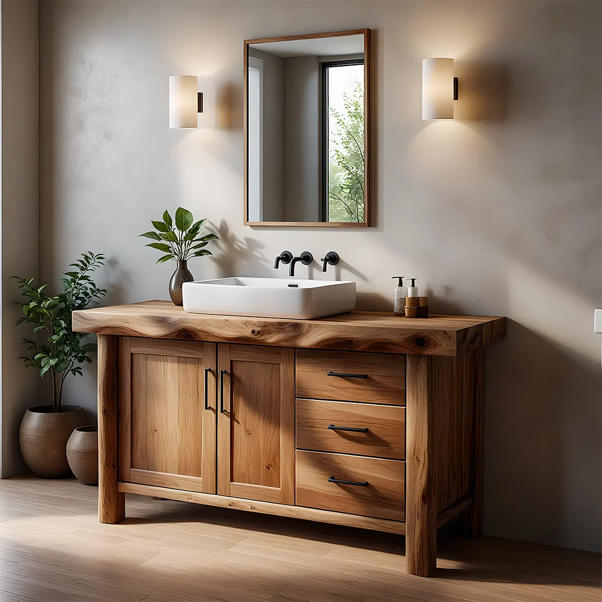 Solid Wood Live Edge Bathroom Vanity with Cabinet & Drawers - Rustiracraft 