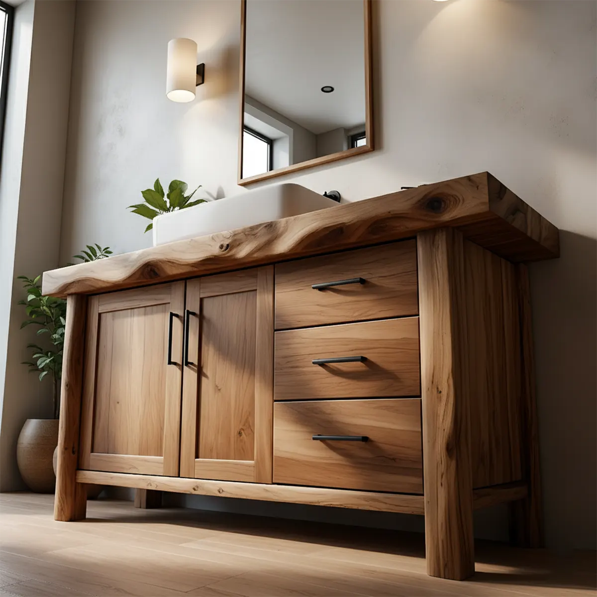 Solid Wood Live Edge Bathroom Vanity with Cabinet & Drawers - Rustiracraft 