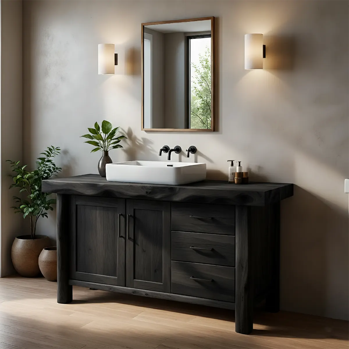 Solid Wood Live Edge Bathroom Vanity with Cabinet & Drawers - Rustiracraft 