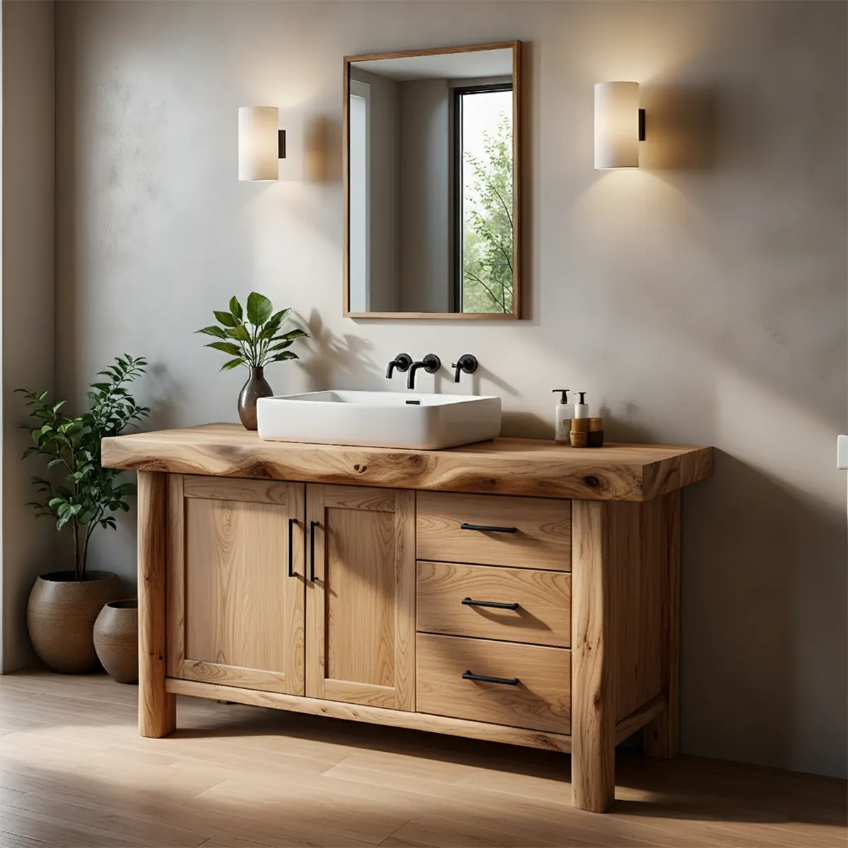 Solid Wood Live Edge Bathroom Vanity with Cabinet & Drawers - Rustiracraft 