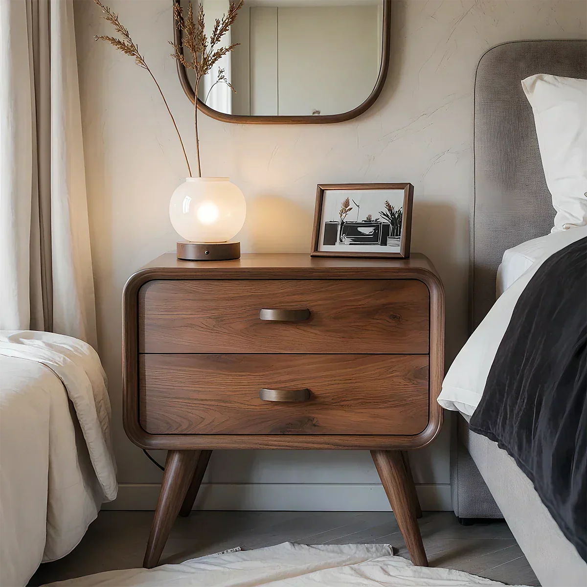 Solid Wood Mid-Century Nightstand with Two Drawers - Rustiracraft 