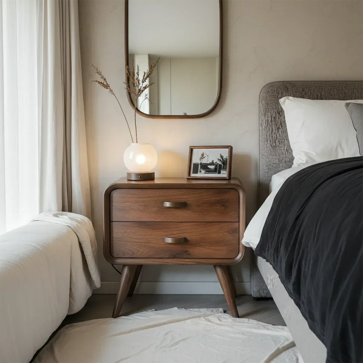 Solid Wood Mid-Century Nightstand with Two Drawers - Rustiracraft 