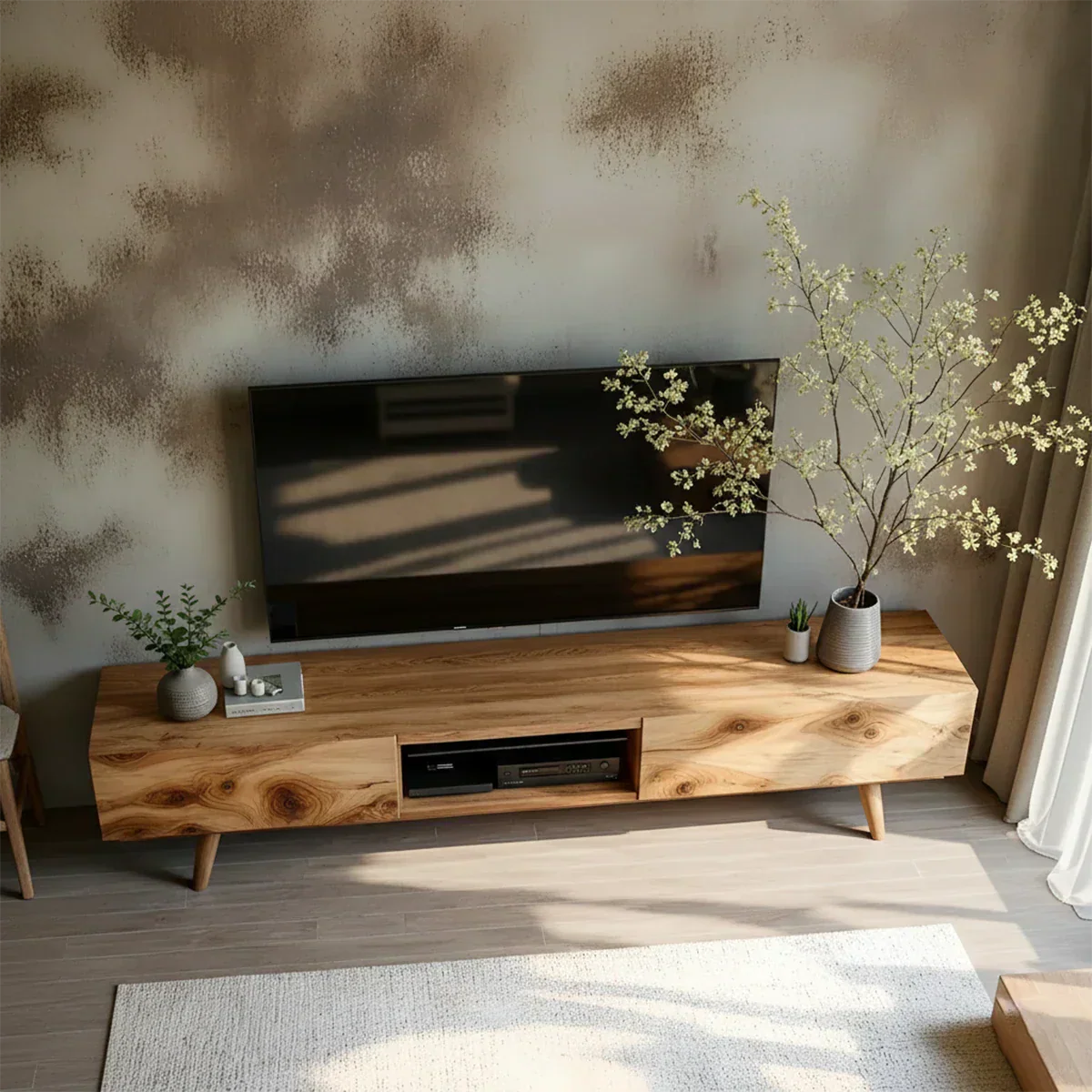 Solid Wood Modern TV Stand – Natural Finish Media Console - Rustiracraft 
