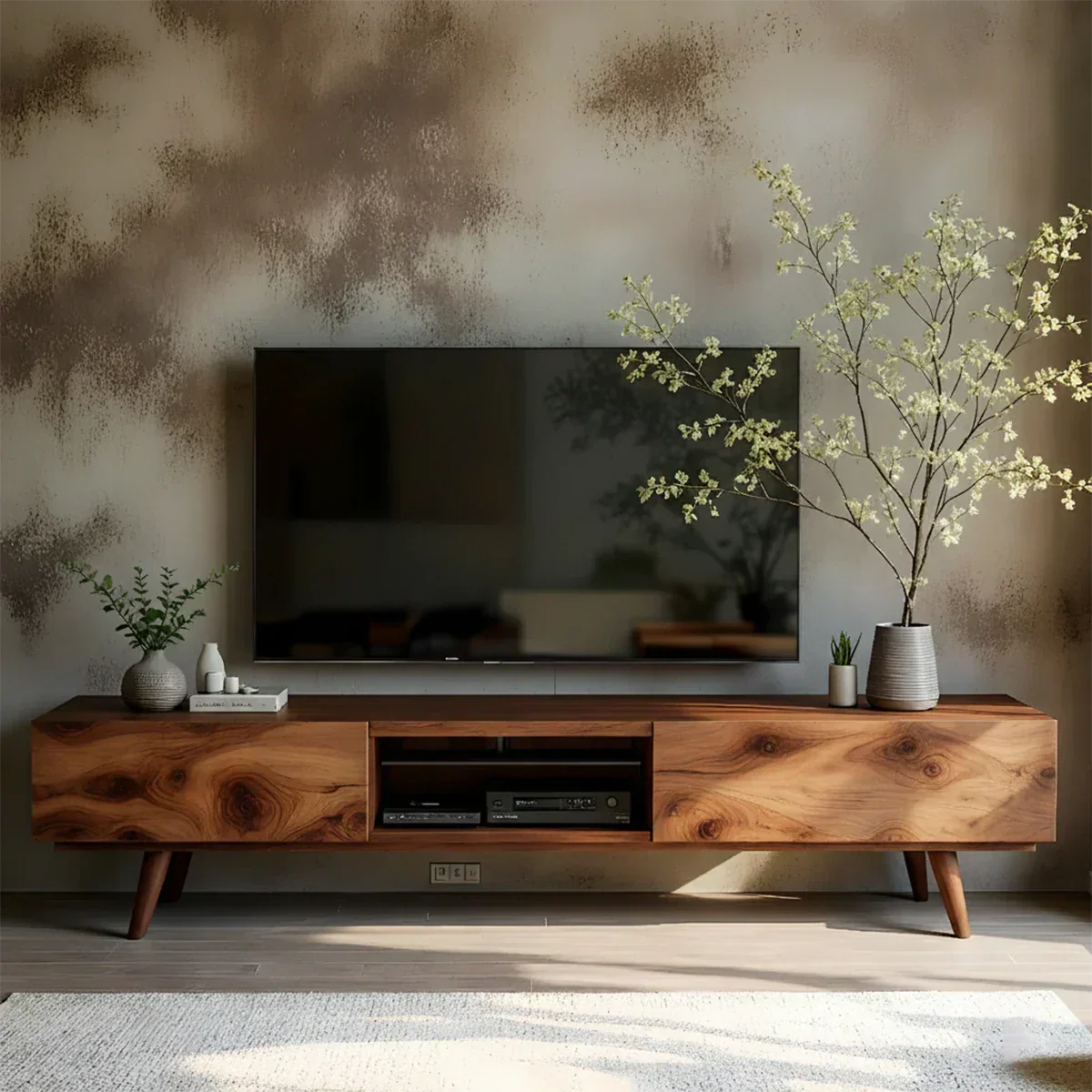 Solid Wood Modern TV Stand – Natural Finish Media Console - Rustiracraft 