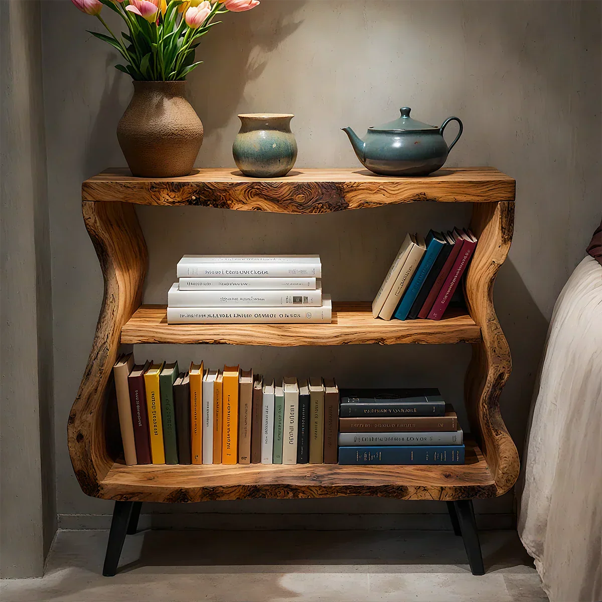 Solid Wood Nightstand – Curved Bookshelf Design - Rustiracraft 