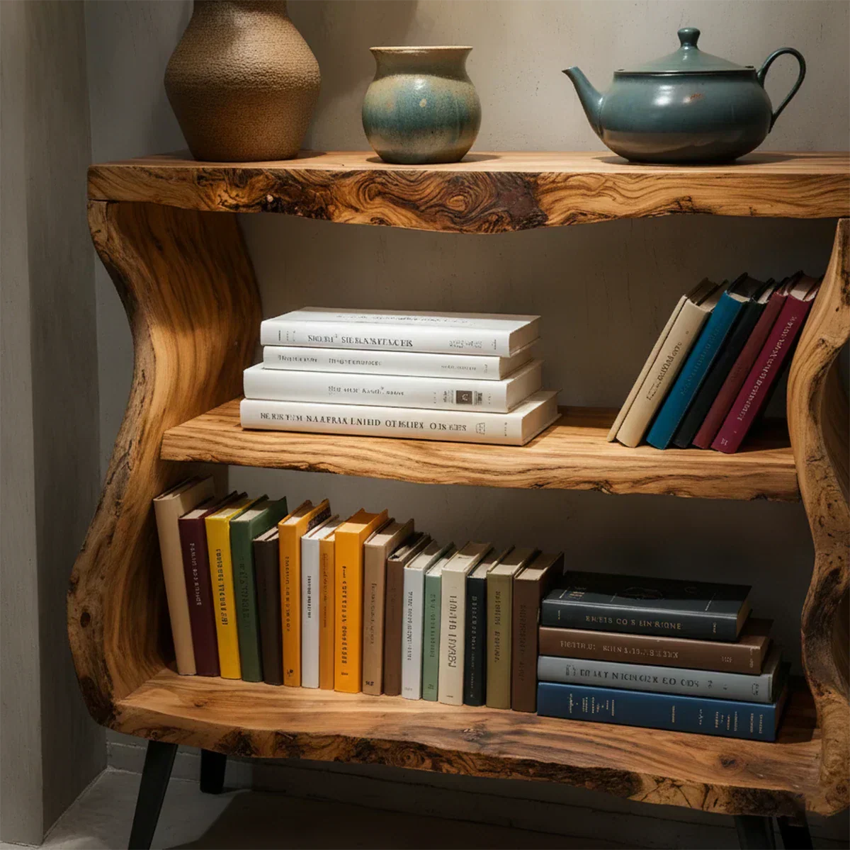 Solid Wood Nightstand – Curved Bookshelf Design - Rustiracraft 