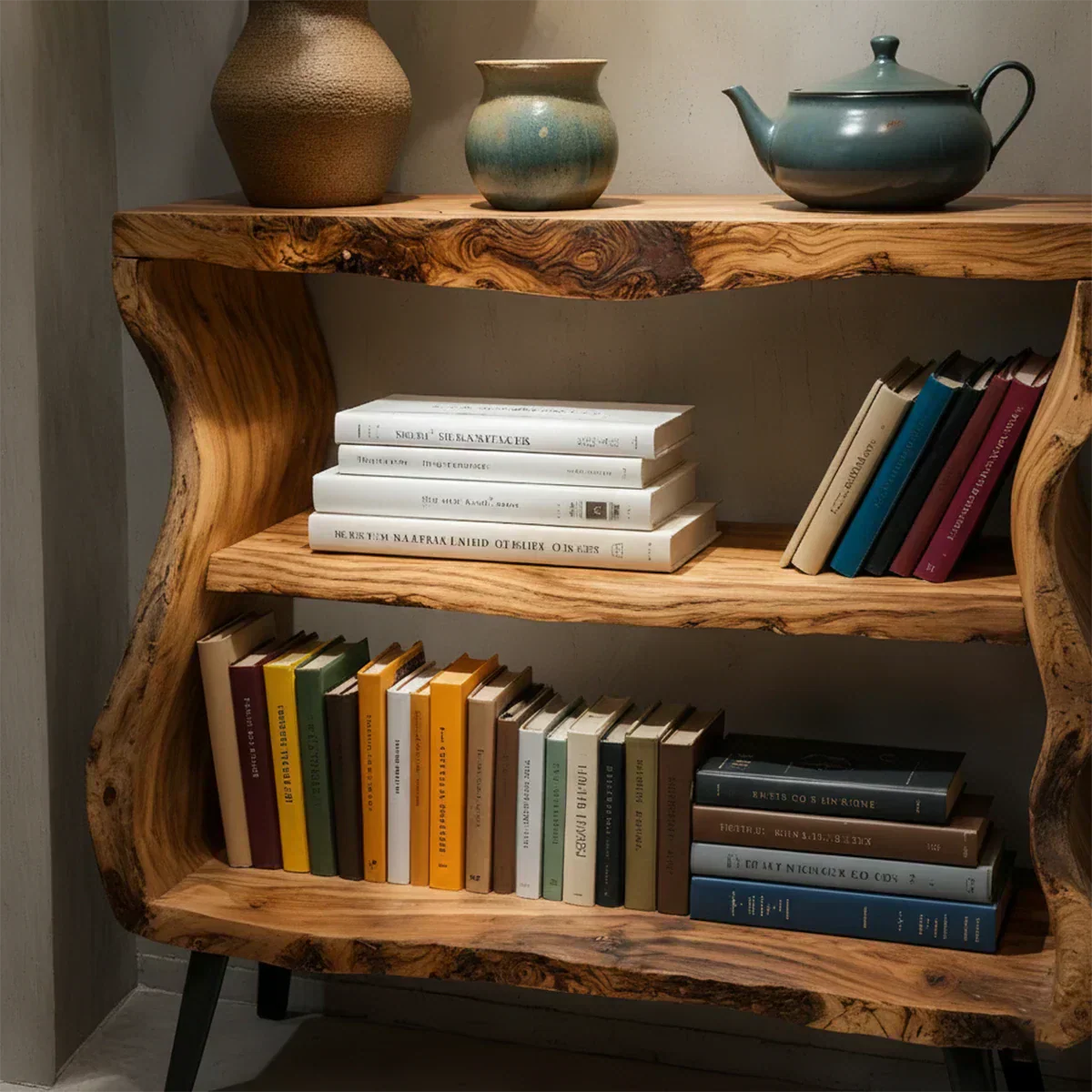 Solid Wood Nightstand – Curved Bookshelf Design - Rustiracraft