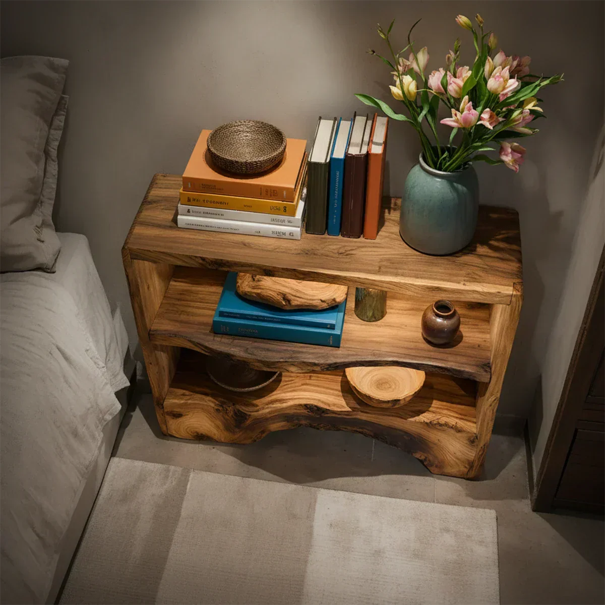 Solid Wood Nightstand – Natural Flow Design - Rustiracraft 