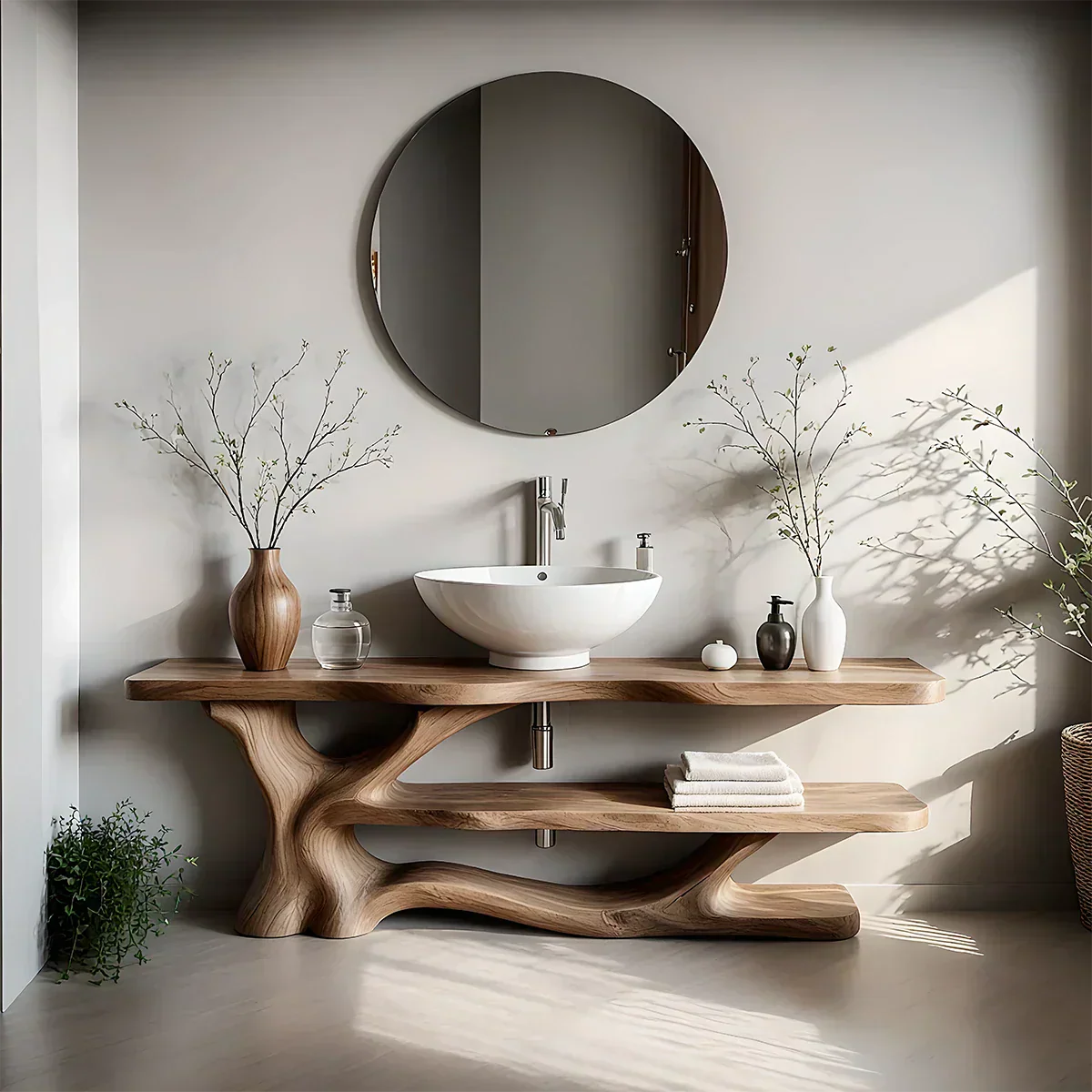 Solid Wood Sculptural Bathroom Vanity with Dual Shelves - Rustiracraft 