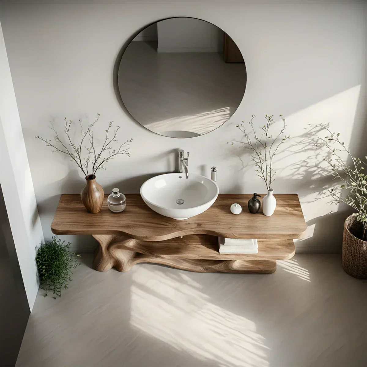 Solid Wood Sculptural Bathroom Vanity with Dual Shelves - Rustiracraft 