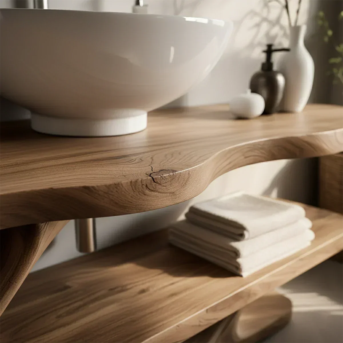 Solid Wood Sculptural Bathroom Vanity with Dual Shelves - Rustiracraft 