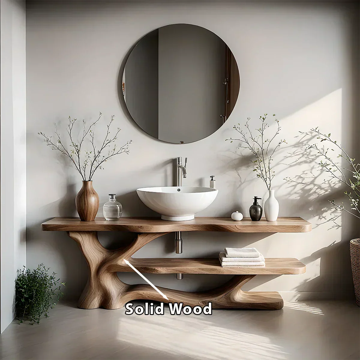 Solid Wood Sculptural Bathroom Vanity with Dual Shelves - Rustiracraft 