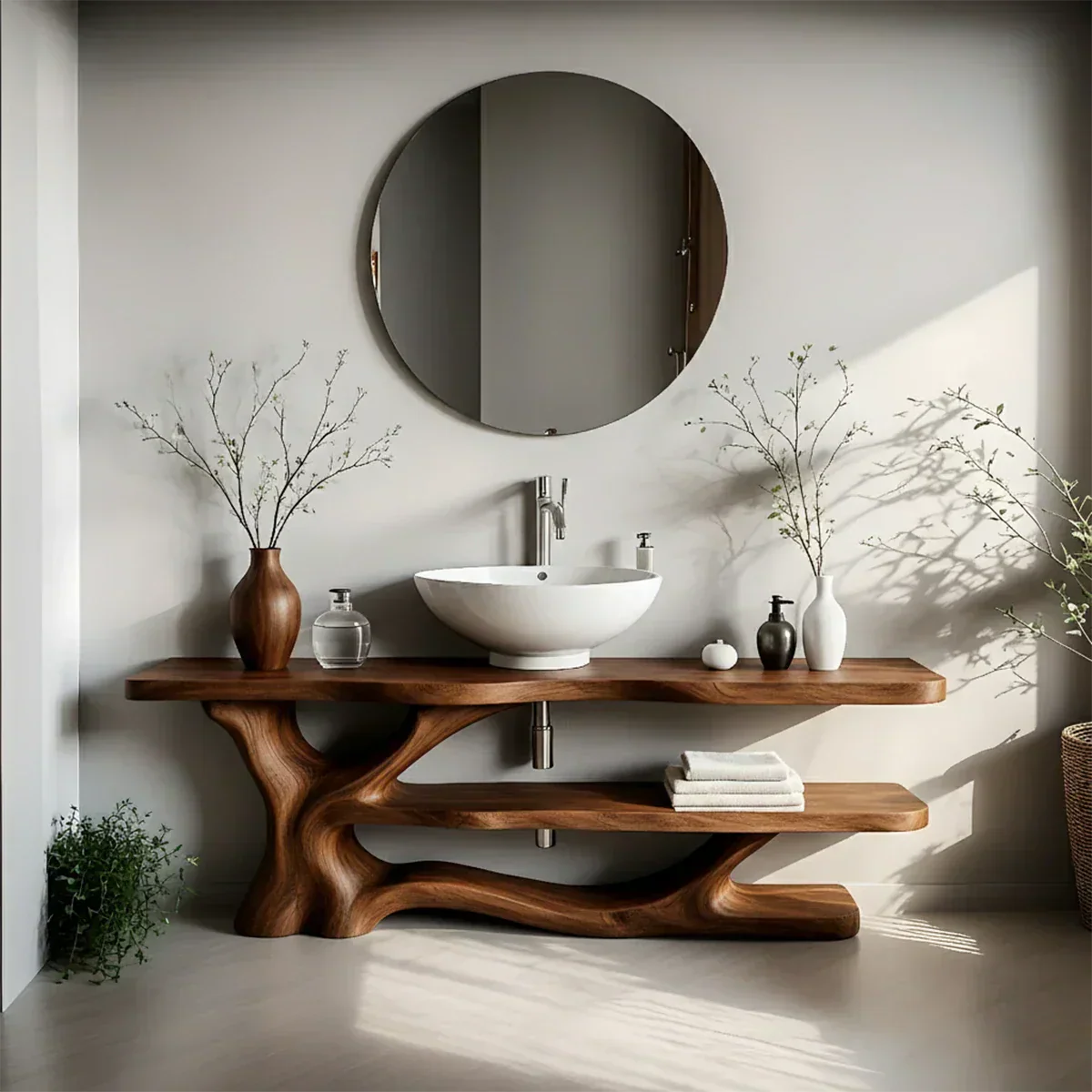 Solid Wood Sculptural Bathroom Vanity with Dual Shelves - Rustiracraft 