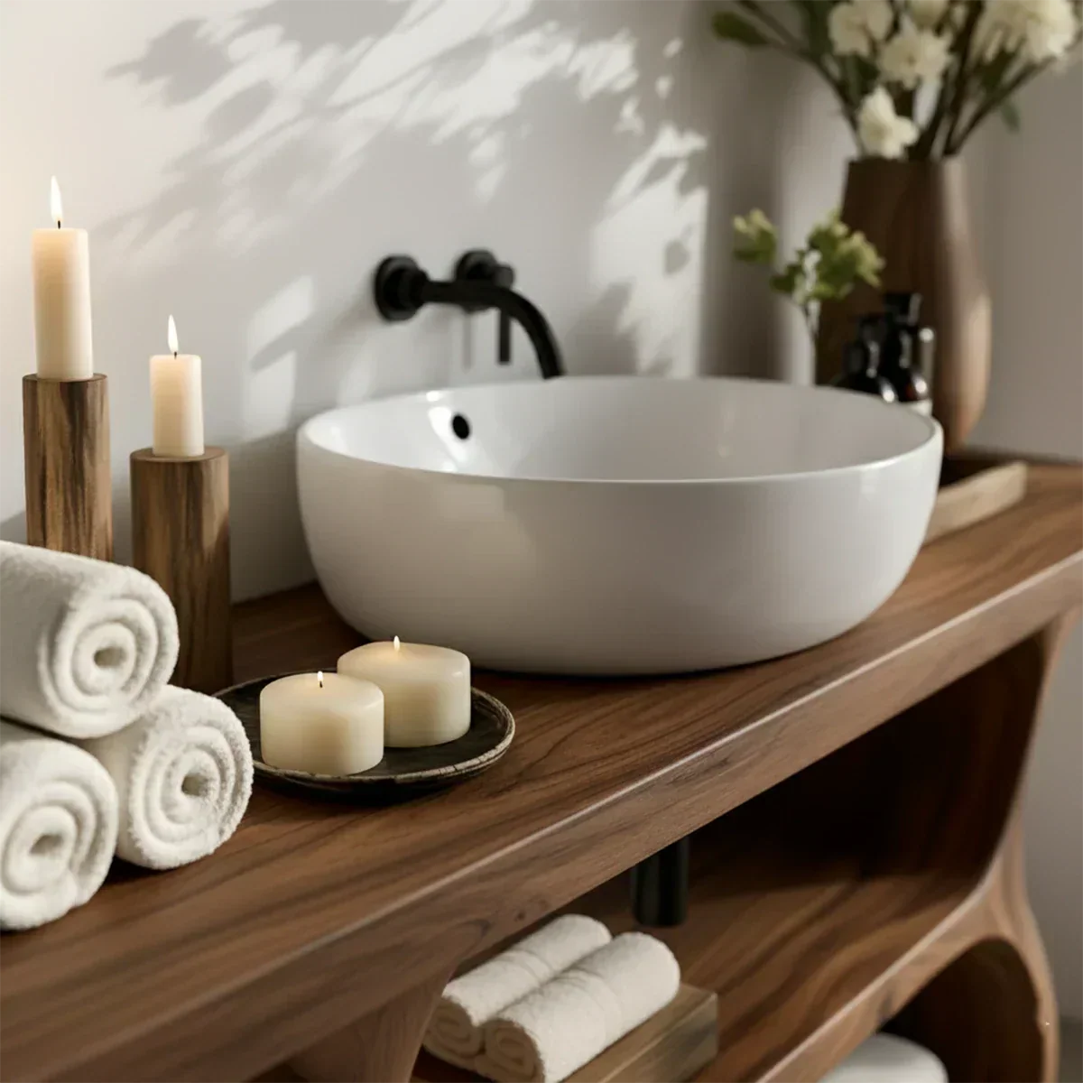Solid Wood Sculptural Bathroom Vanity with Dual Storage Shelves - Rustiracraft 