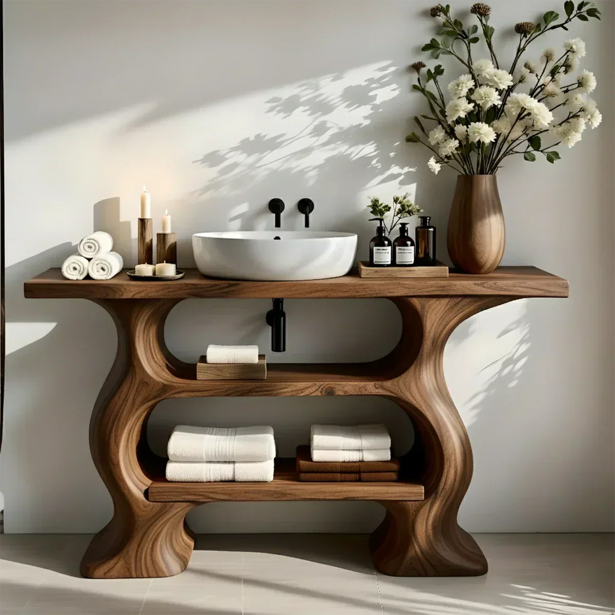 Solid Wood Sculptural Bathroom Vanity with Dual Storage Shelves - Rustiracraft 