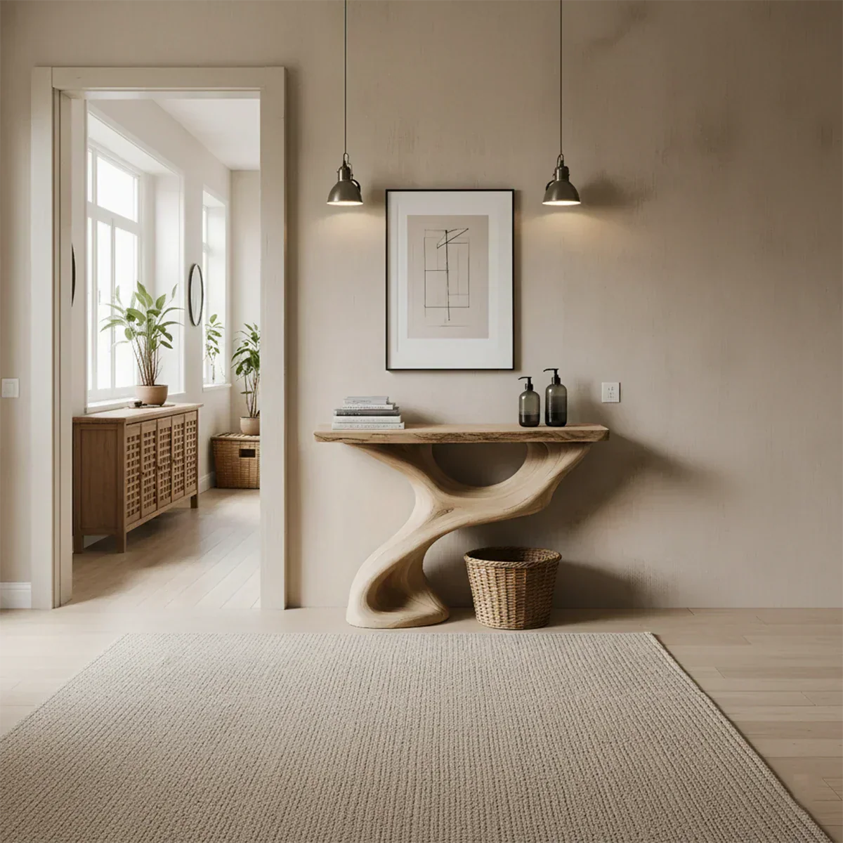 Solid Wood Sculptural Console Table – Organic Flow Form - Rustiracraft 