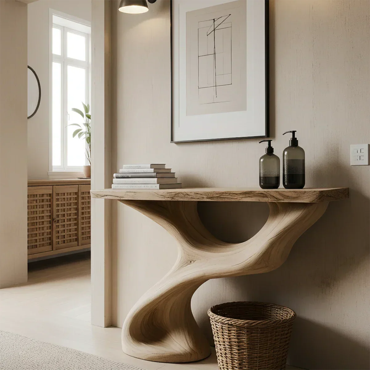 Solid Wood Sculptural Console Table – Organic Flow Form - Rustiracraft 