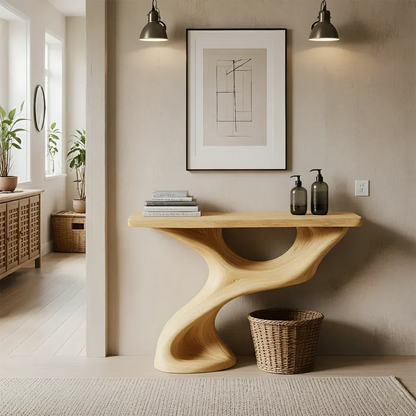 Solid Wood Sculptural Console Table – Organic Flow Form - Rustiracraft 