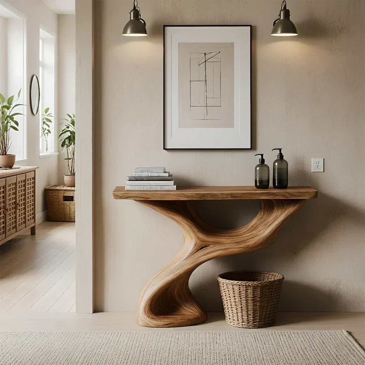 Solid Wood Sculptural Console Table – Organic Flow Form - Rustiracraft 