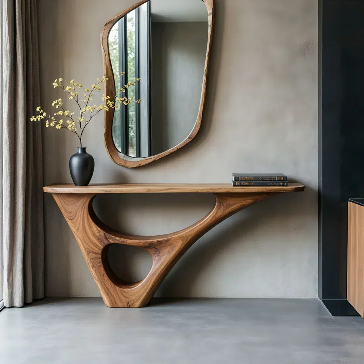 Solid Wood Sculptural Console Table with Fluid Carved Base - Rustiracraft 