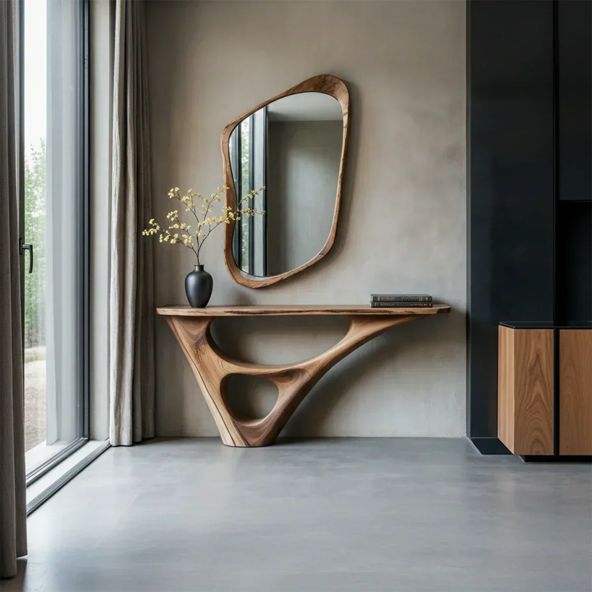 Solid Wood Sculptural Console Table with Fluid Carved Base - Rustiracraft 