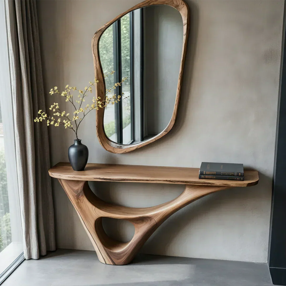 Solid Wood Sculptural Console Table with Fluid Carved Base - Rustiracraft 