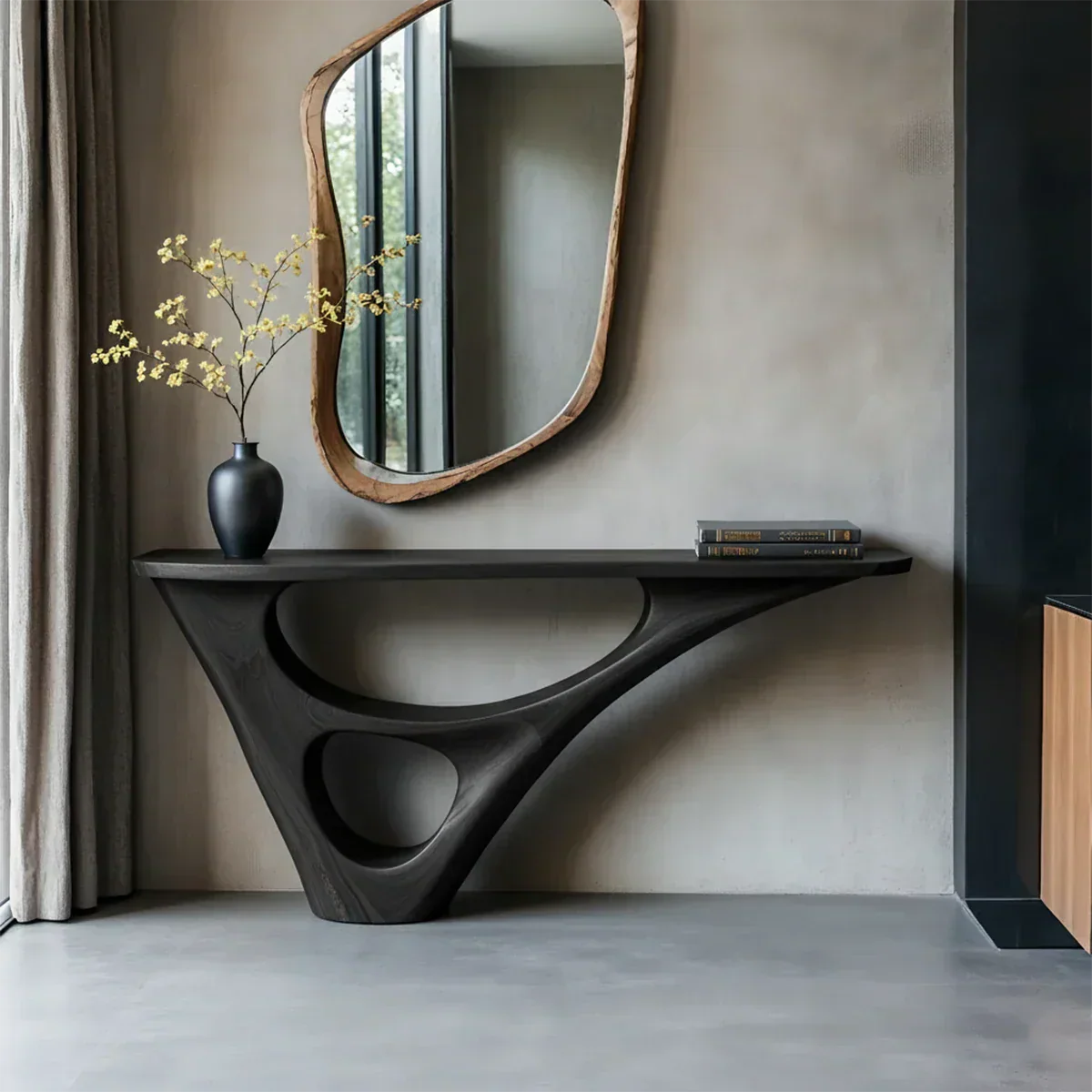Solid Wood Sculptural Console Table with Fluid Carved Base - Rustiracraft 
