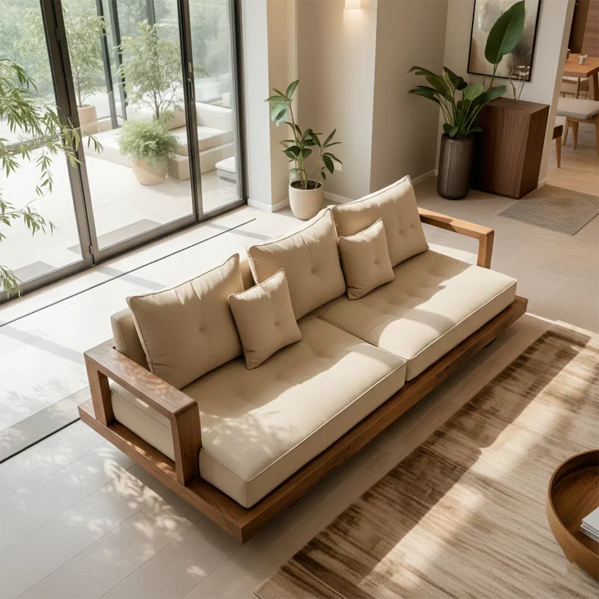 Solid Wood Sofa – Japandi Cotton Plush Serenity - Rustiracraft 