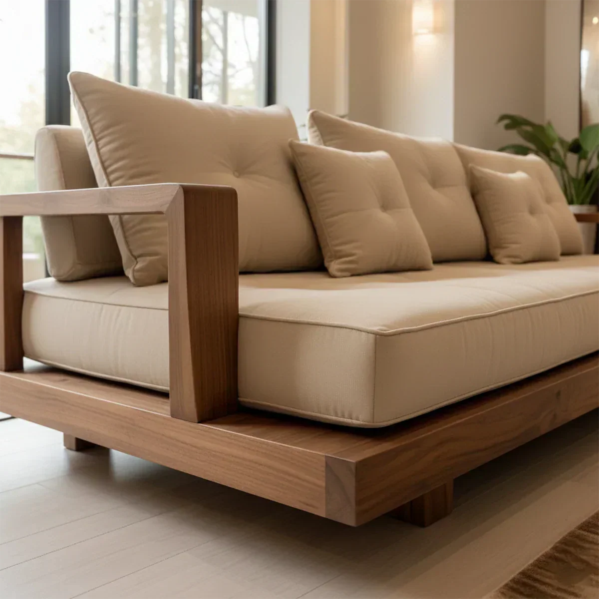 Solid Wood Sofa – Japandi Cotton Plush Serenity - Rustiracraft 