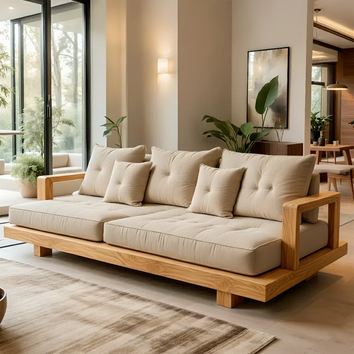 Solid Wood Sofa – Japandi Cotton Plush Serenity - Rustiracraft 
